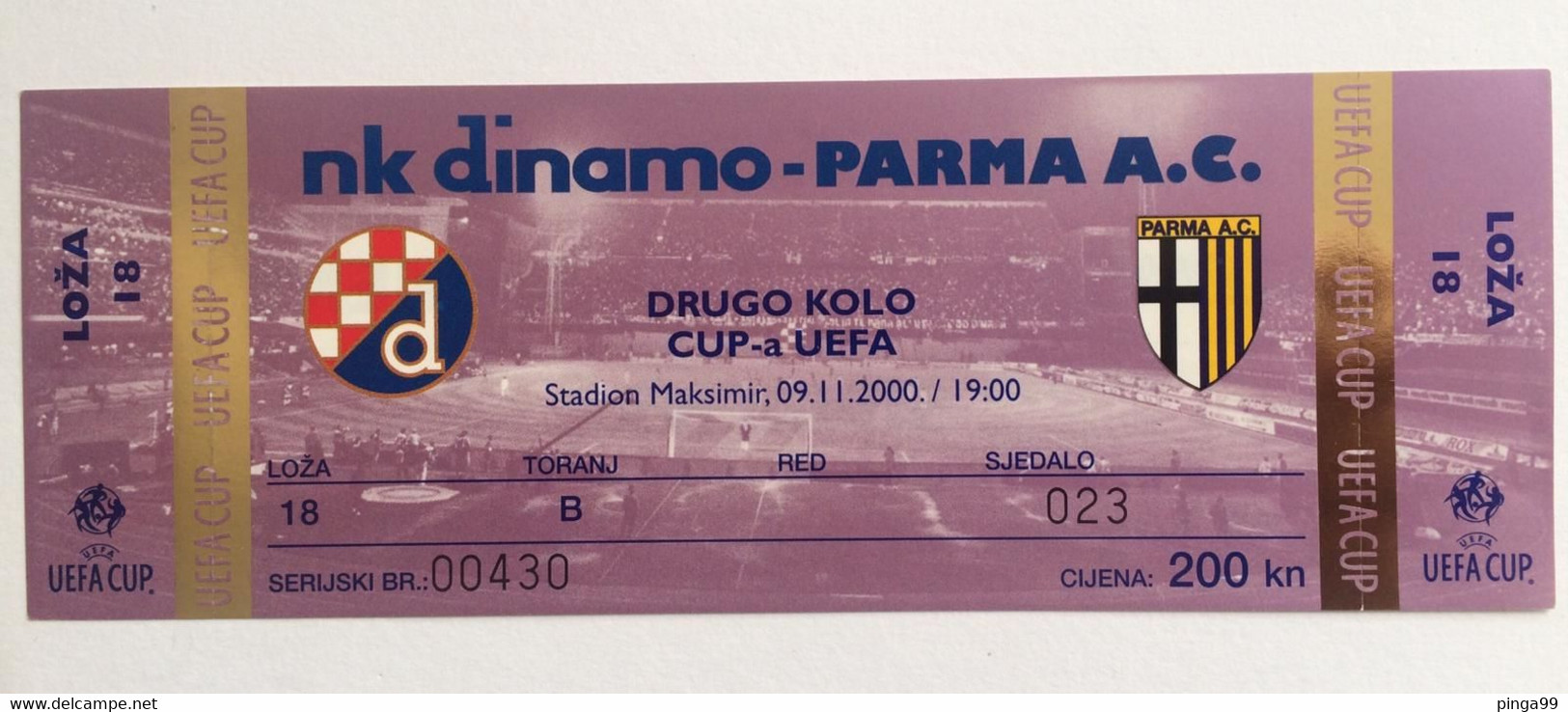 Football NK DINAMO ZAGREB Vs PARMA AC TICKET 09. 11. 2000. UEFA CUP - Tickets & Toegangskaarten