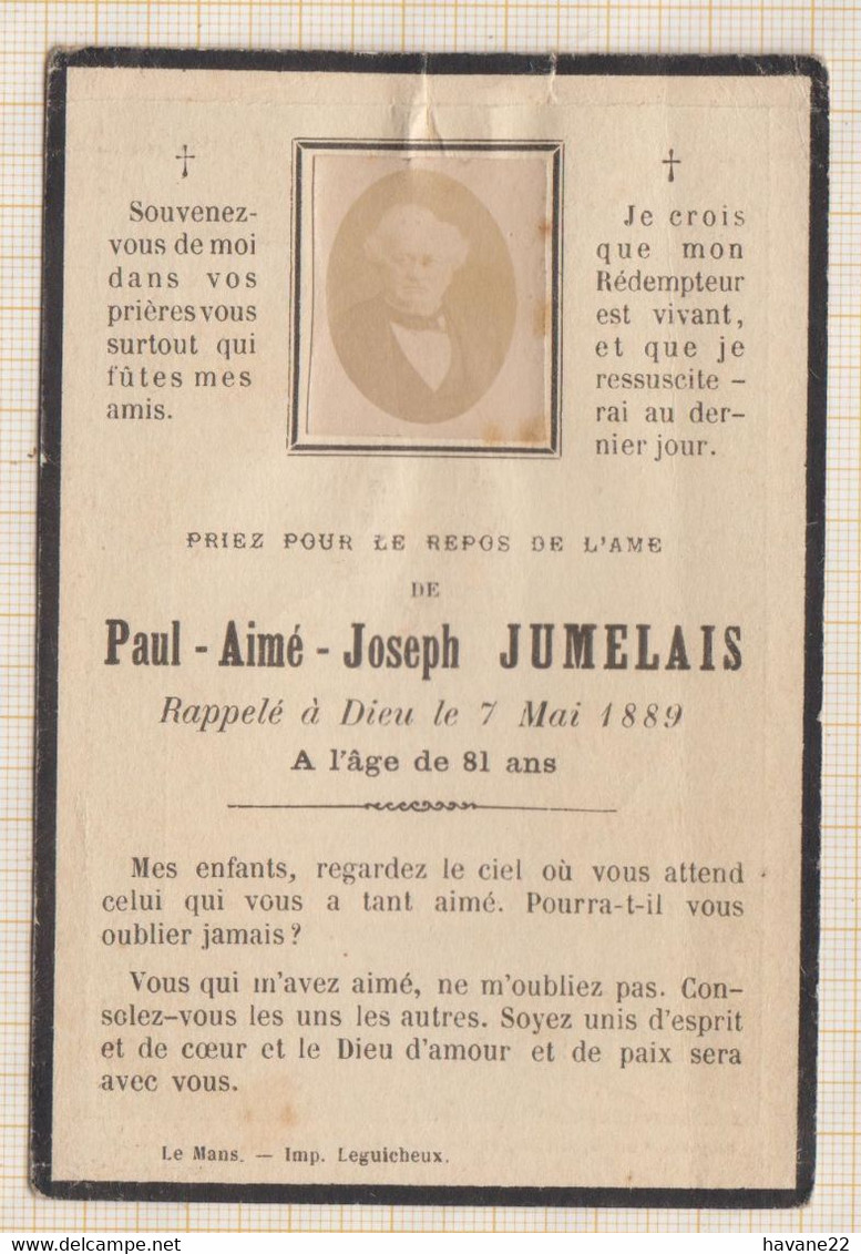 20A1259 IMAGE PIEUSE MORTUAIRE PAUL AIME JOSEPH JUMELAIS 1889 - Devotieprenten