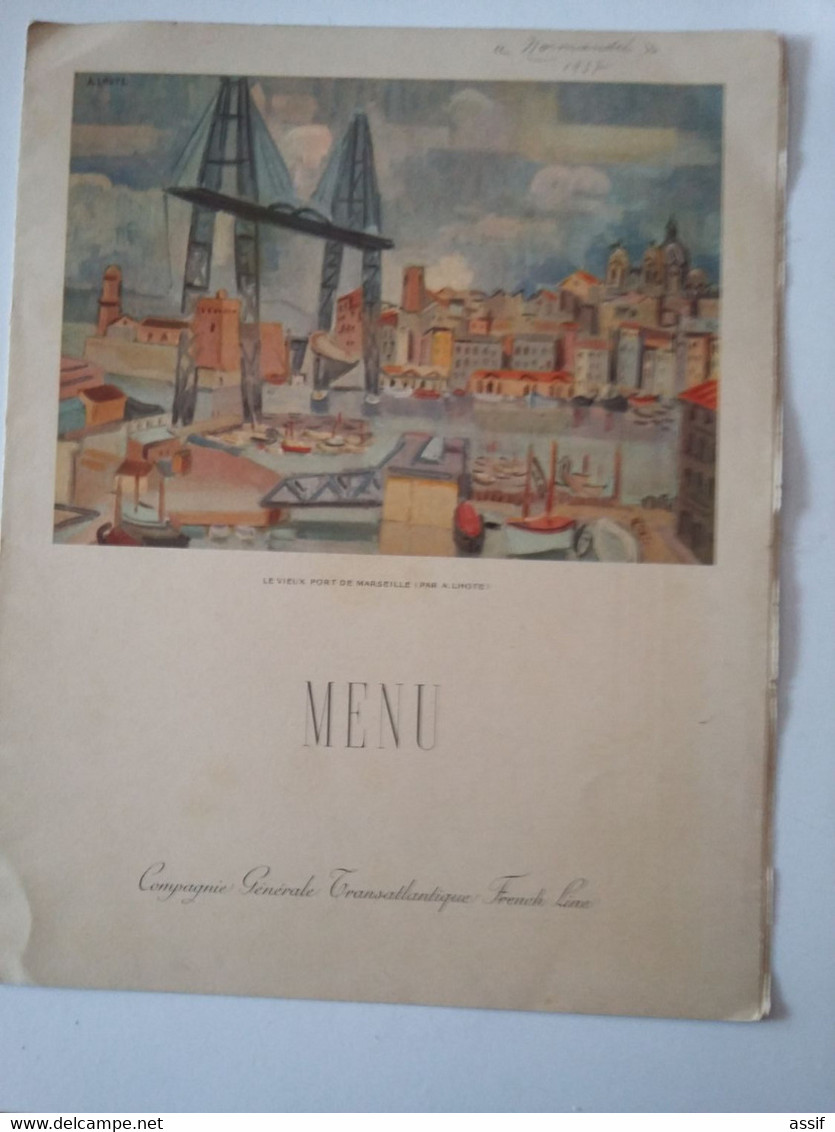 5 Menus Paquebot ( Normandie Mai 1937 Marseille Lhôte , Ile De France 1933 Georges Plasse , Bremen  1893 .............. - Menükarten