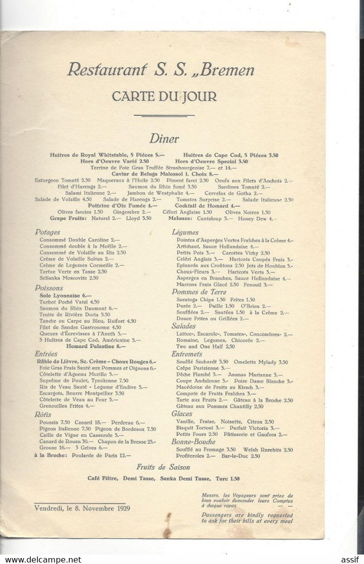 5 Menus Paquebot ( Normandie Mai 1937 Marseille Lhôte , Ile de France 1933 Georges Plasse , Bremen  1893 ..............