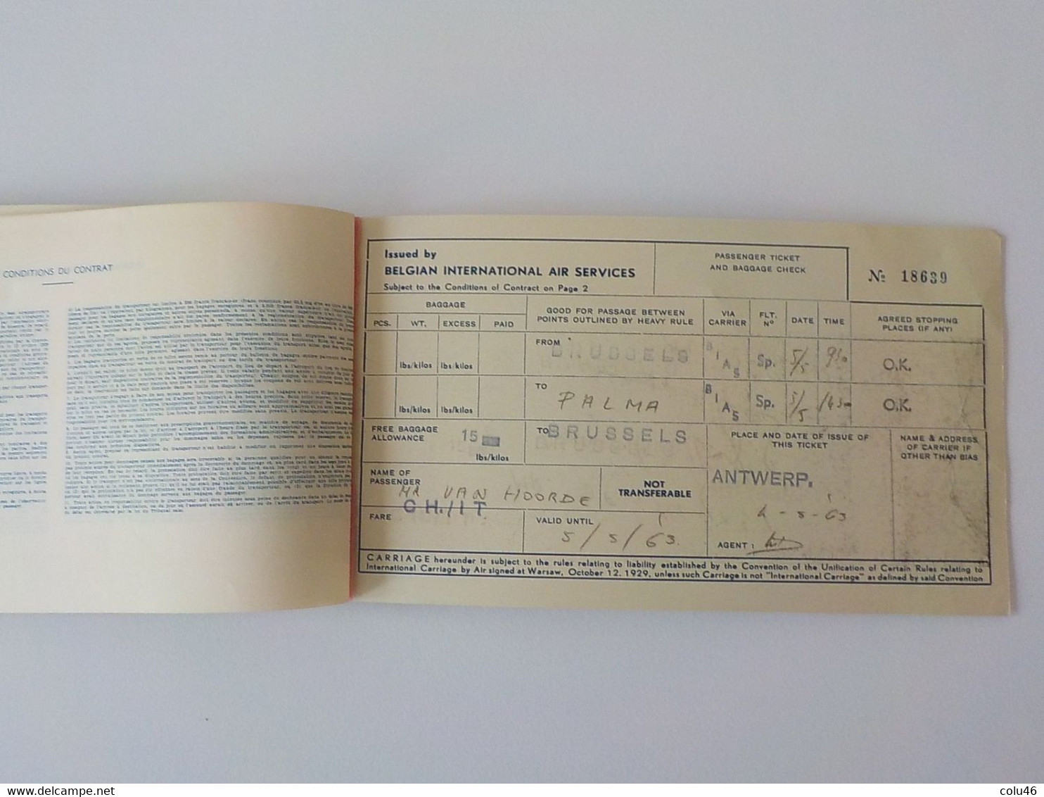 1963 Aviation Civile titre de Transport BIAS Belgian InternationalAir Services Passenger ticket Brussels Palma