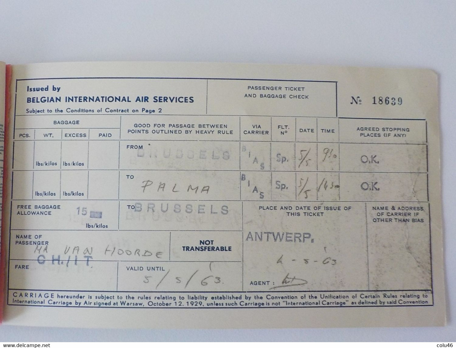 1963 Aviation Civile titre de Transport BIAS Belgian InternationalAir Services Passenger ticket Brussels Palma