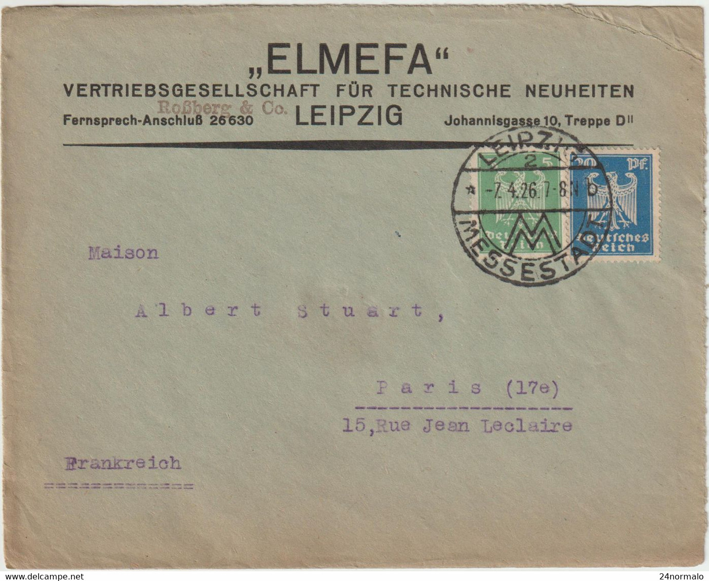 ESC "Elmefa" 25 Pf. Leipzig -> France 1926 - Lettres & Documents