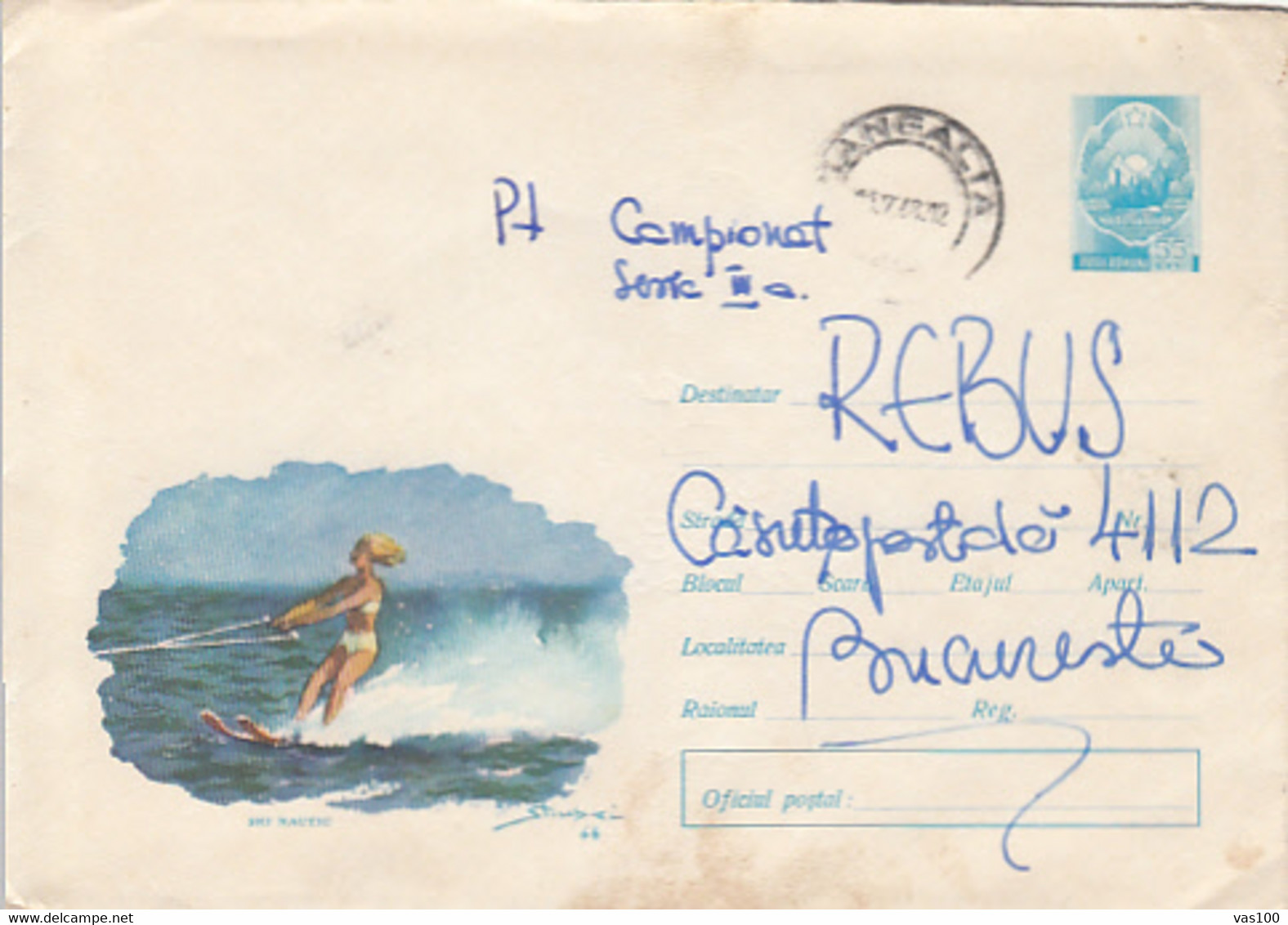 SPORTS, WATER SKIING, COVER STATIONERY, ENTIER POSTAL, 1968, ROMANIA - Ski Náutico