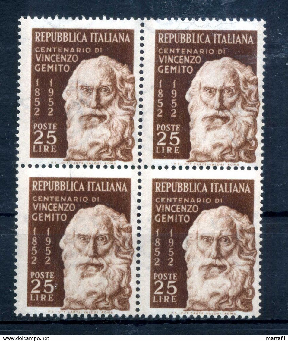 1952 REP. IT. SET MNH ** BLOCCO DI 4 QUARTINA GEMITO - 1946-60: Nieuw/plakker