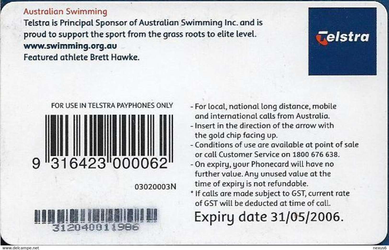 Australia - Telstra (Chip) - N Series 2004 - Swimming - Chip Siemens S35, Exp. 31.05.2006, 20$, Used - Australie