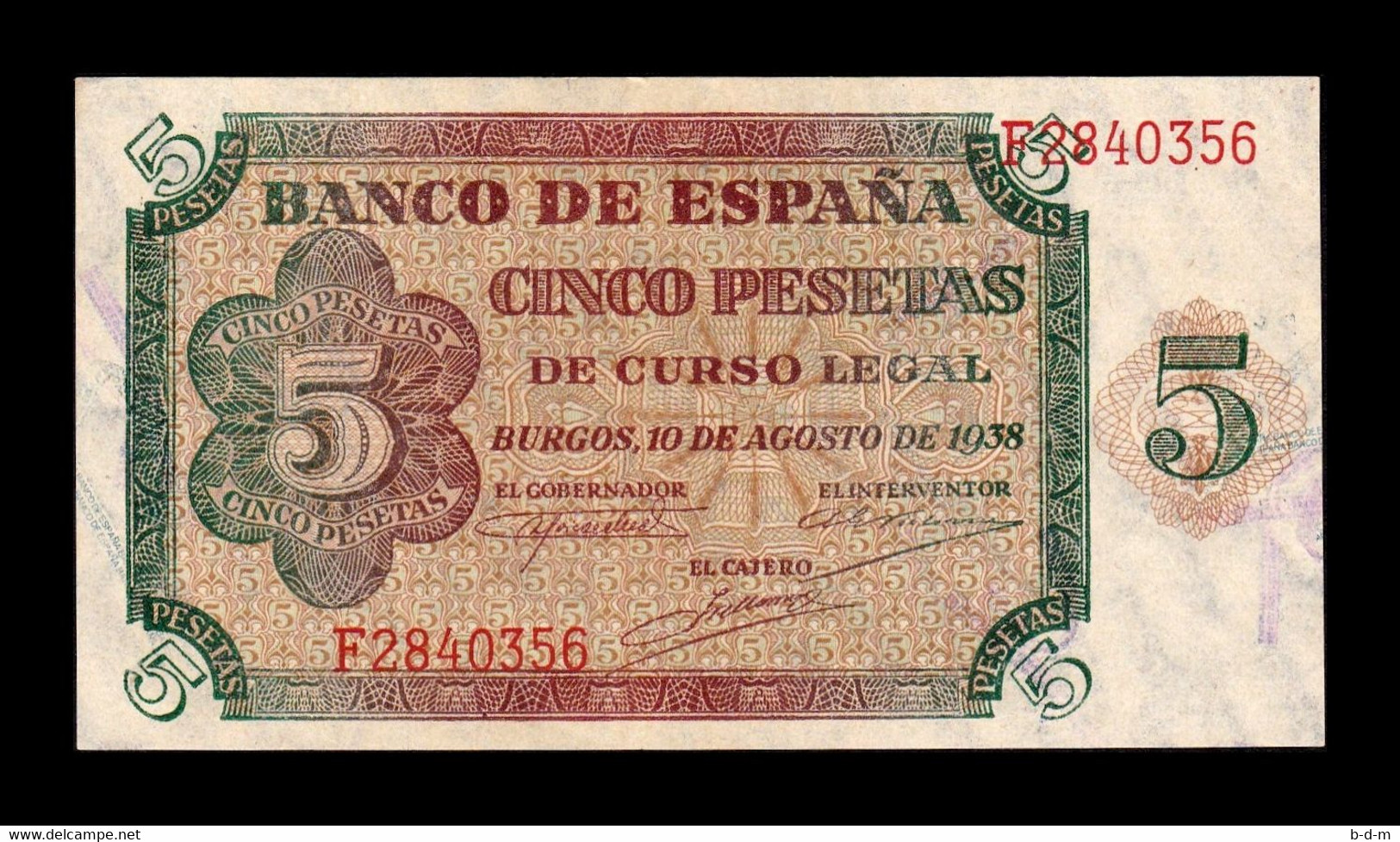 España Spain 5 Pesetas Burgos 1938 Pick 110 Serie F SC UNC - 5 Pesetas