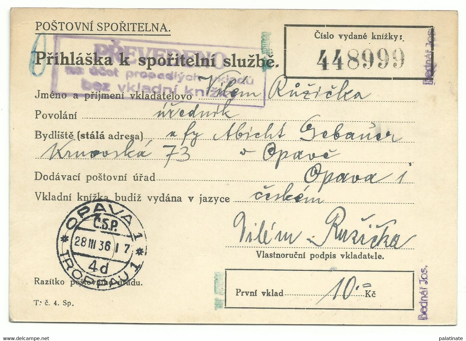 Troppau Opava "Anmeldung Zum Spardienste"  In Tschechisch 1936 R! - Other & Unclassified