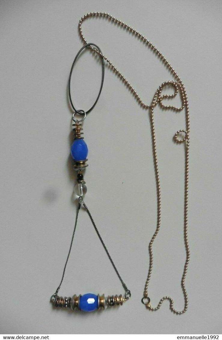 Collier Créateur La Fiancée Du Facteur Style Art Deco Egypte Chaîne Dorée Perles En Cristal Facetté Bleu - Necklaces/Chains