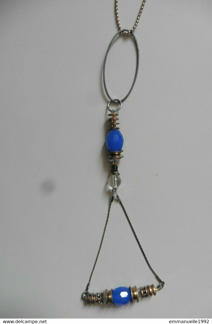 Collier Créateur La Fiancée Du Facteur Style Art Deco Egypte Chaîne Dorée Perles En Cristal Facetté Bleu - Necklaces/Chains