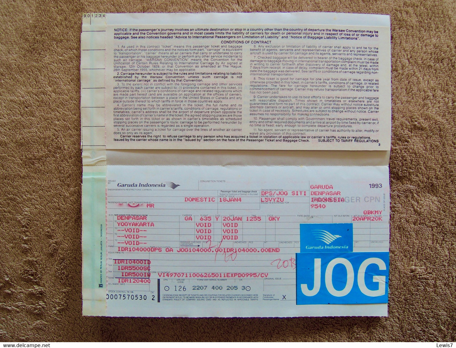 TICKET : GARUDA INDONESIA 1993 - Biglietti