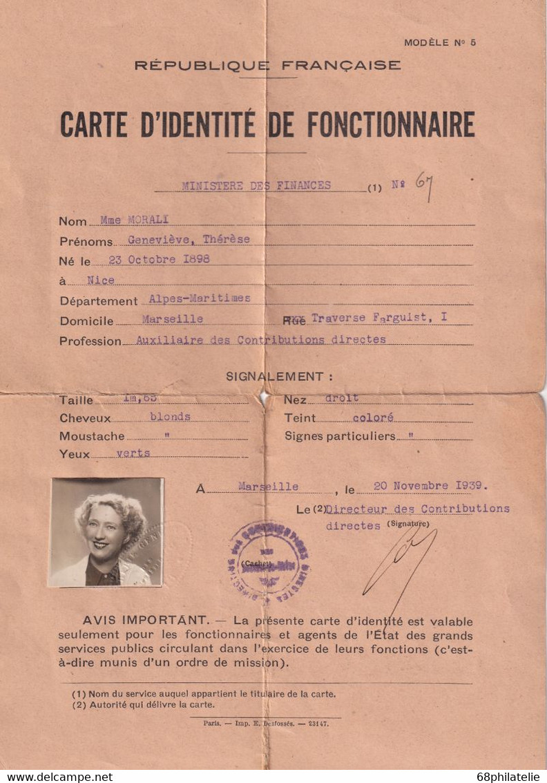 FRANCE 1939 CARTE D'IDENTITE DE FONCTIONNAIRE - Zonder Classificatie
