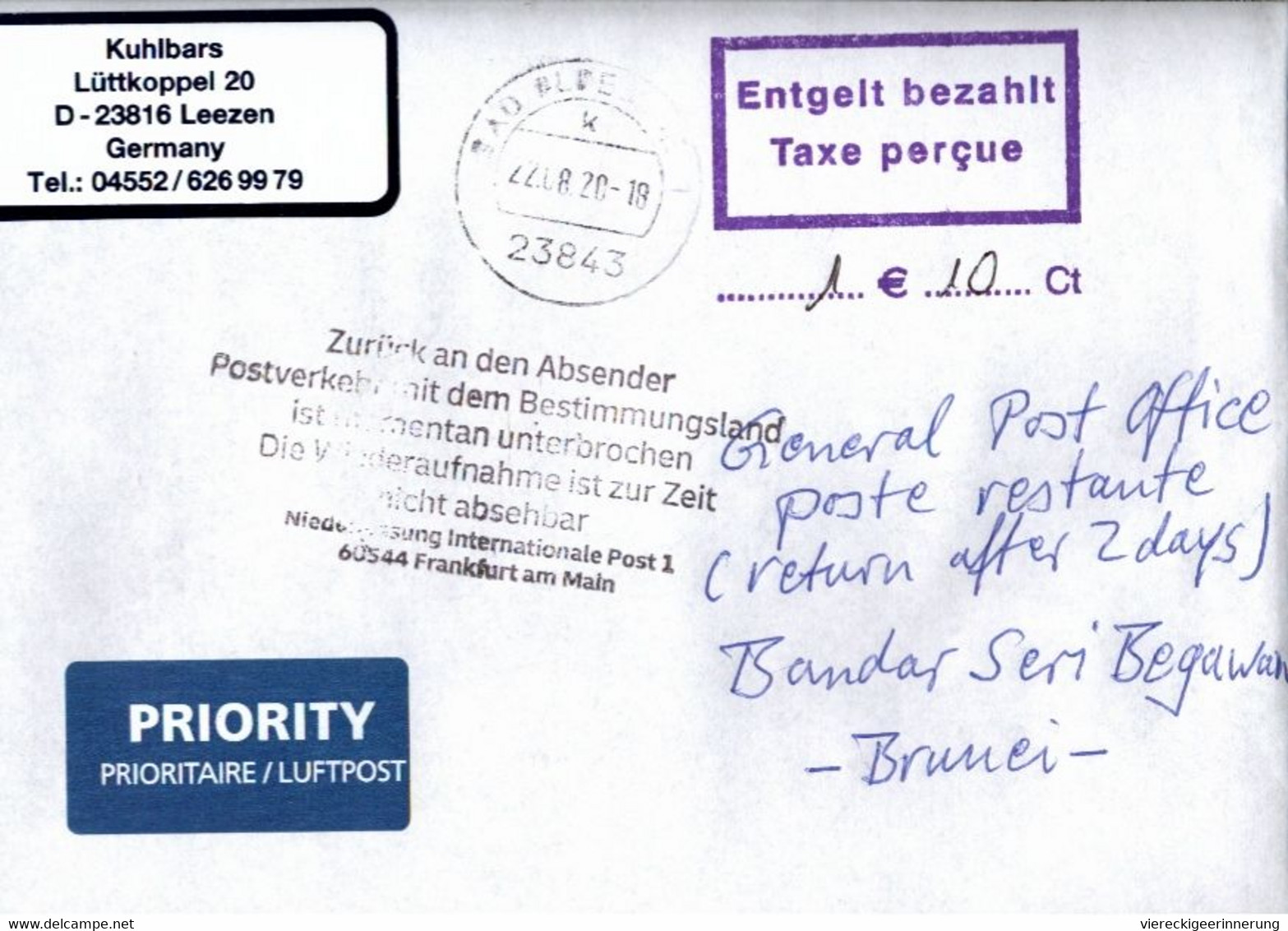 ! 22.8.2020 Germany Cover To Brunei, Interruption Of Postal Service Corona COVID-19, Antwortschein, Reply Coupon - Brunei (1984-...)