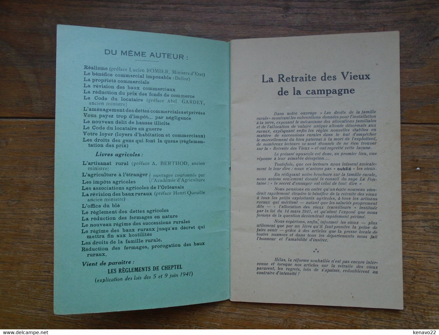 Ancien Livret Pour La Retraite Des Vieux De La Campagne ( Du Monde Agricoles ) En 1941 De Pierre De Félice , 40 Pages - Rechts