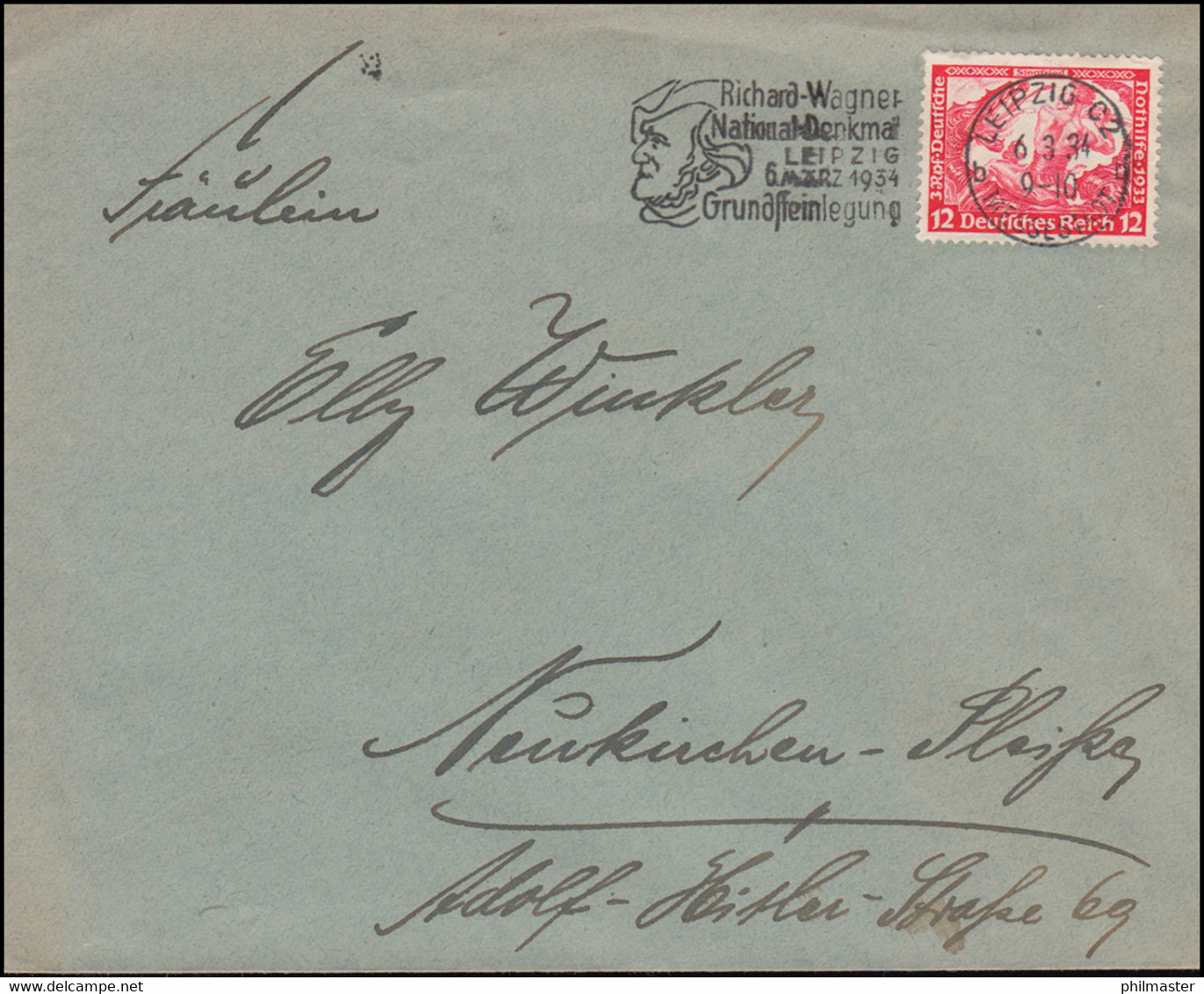 504 Wagner EF Brief Werbestempel Richard-Wagner-National-Denkmal LEIPZIG 6.3.34 - Musique