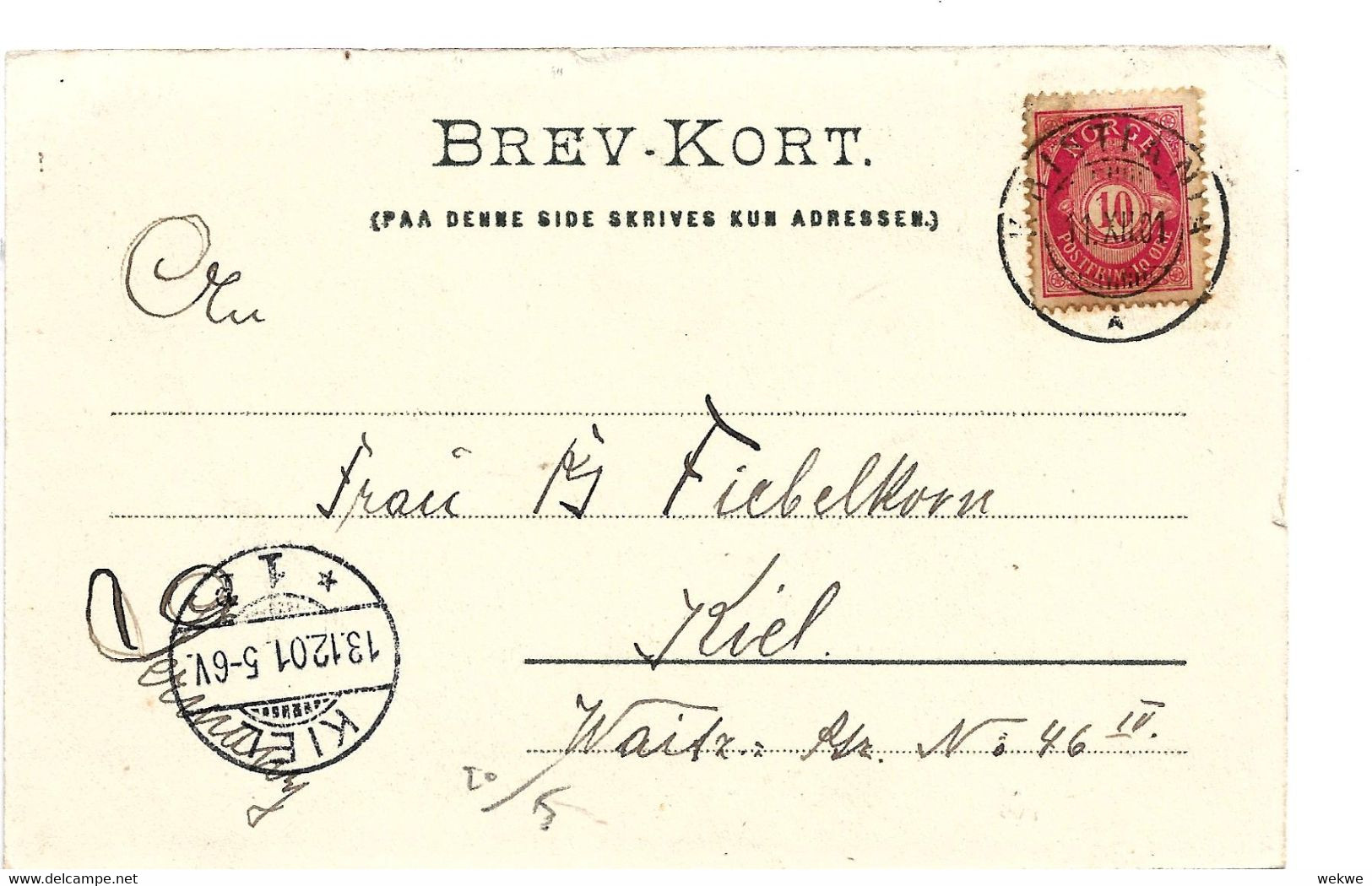Nor185 / NORWEGEN - Christiana 1901 Nach Kiel Auf Postkarte Von Oscarshal - Brieven En Documenten