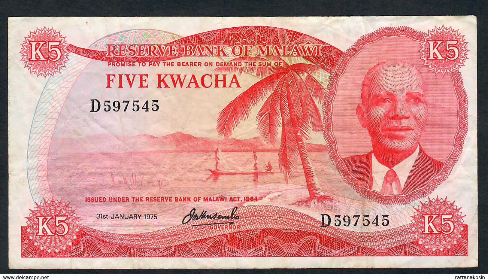 MALAWI P11b 5  KWACHA  31.1.1975  VERY RARE DATE  Prefix #D  Signature 3a     AVF     FOLDS NO P.h.    NO P.h. ! - Malawi