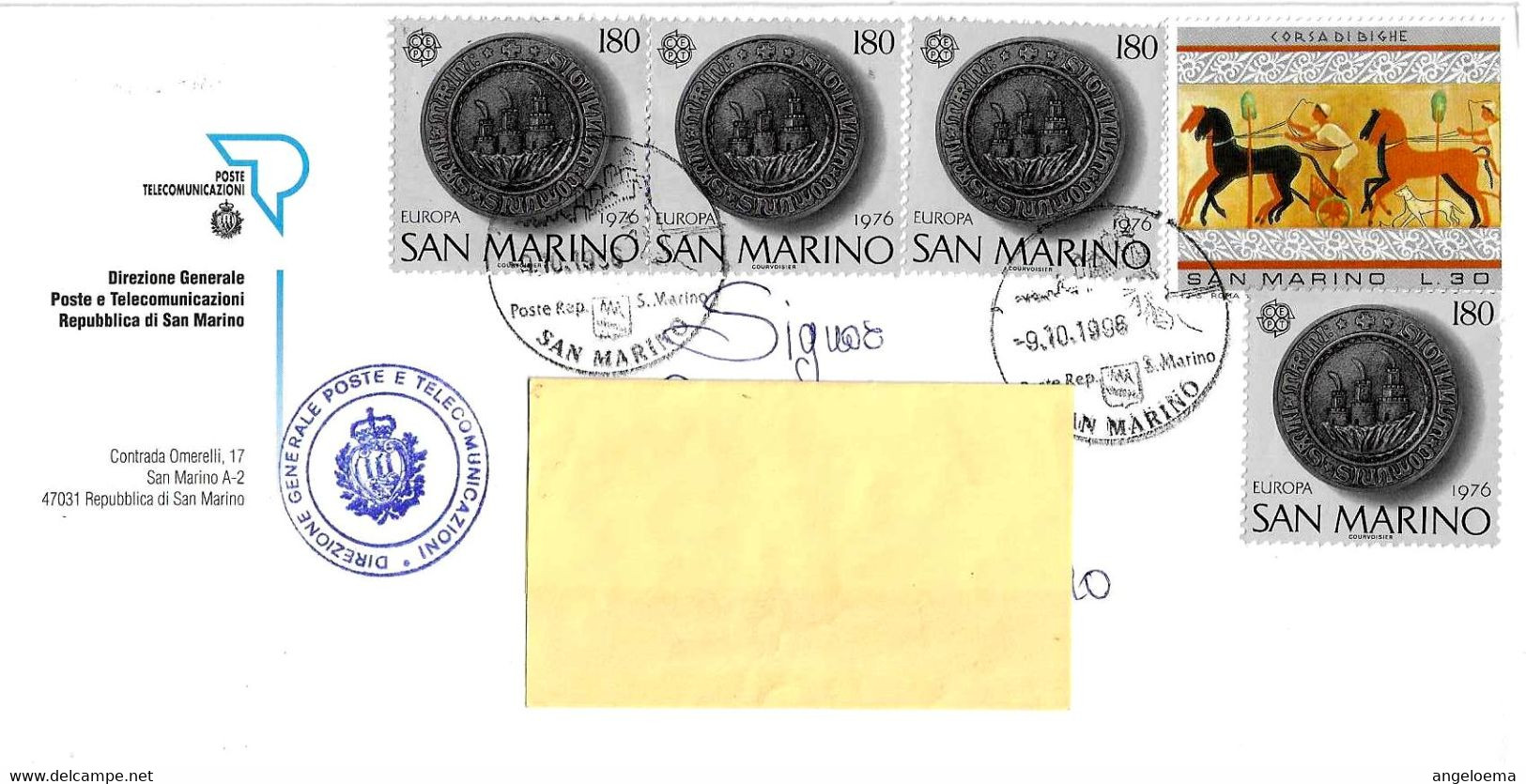 SAN MARINO - 1996 Lettera Con 5 Francobolli + Timbro DIREZIONE GENERALE POSTE E TELECOMUNICAZIONI - 18045 - Brieven En Documenten