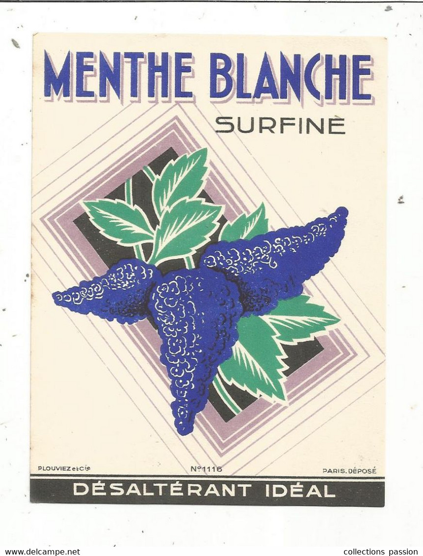 étiquette ,MENTHE BLANCHE Surfine , Déaltérant Idéal , Plouviez Et Cie , N° 1116 - Autres & Non Classés