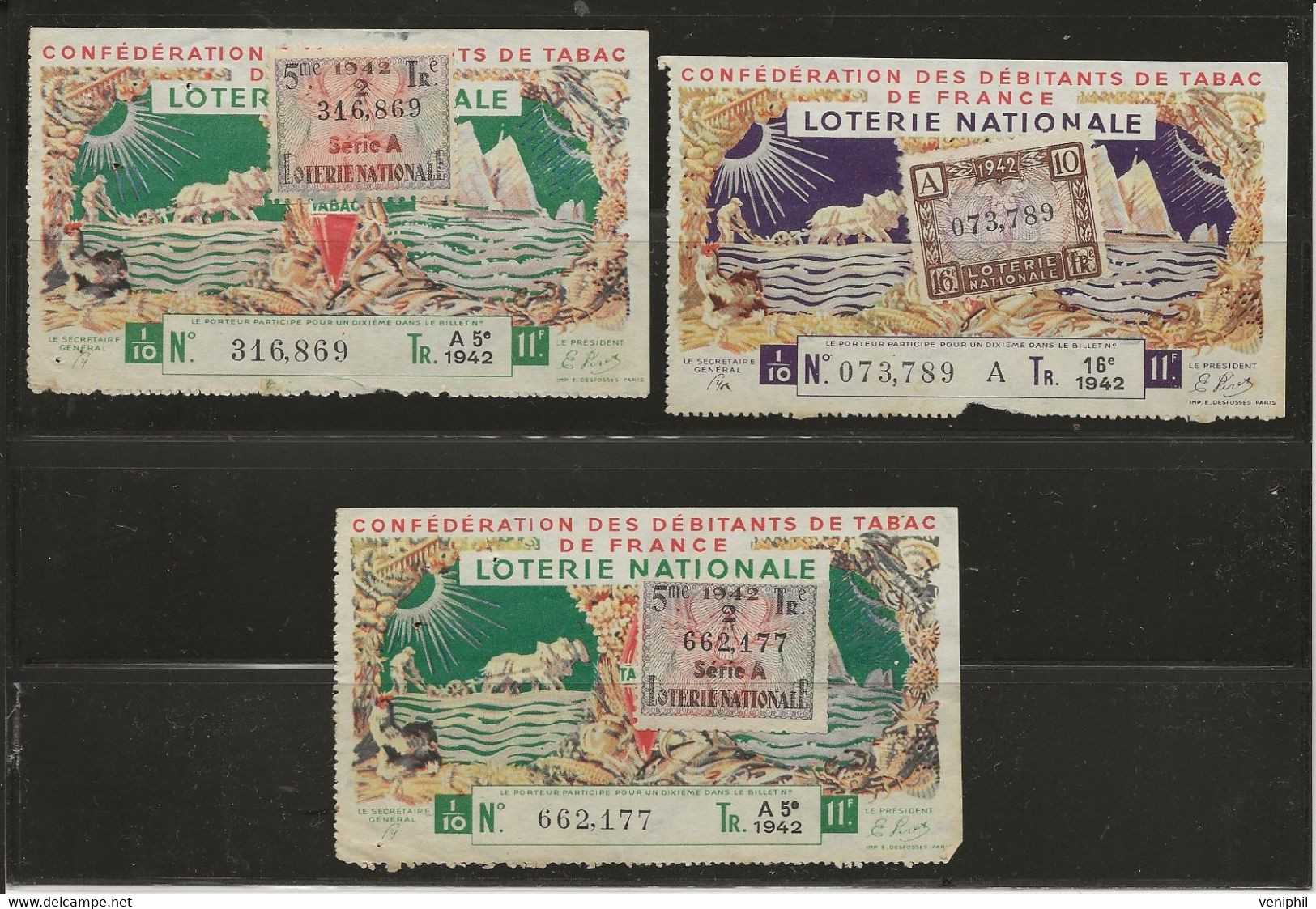 LOT DE 3 BILLETS DE LOTERIE NATIONALE DE 1942  - - Lotterielose