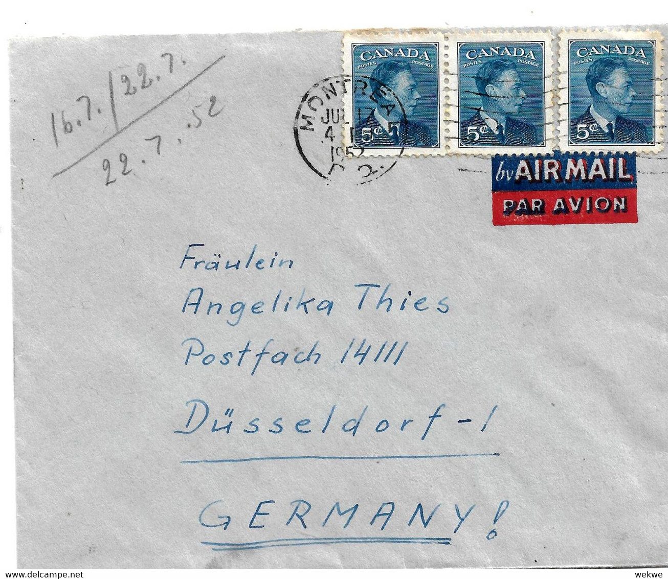 Can100 / KANADA - König Georg Auf Luftpostbrief Nach Düsseldorf/Deutschland - Lettres & Documents