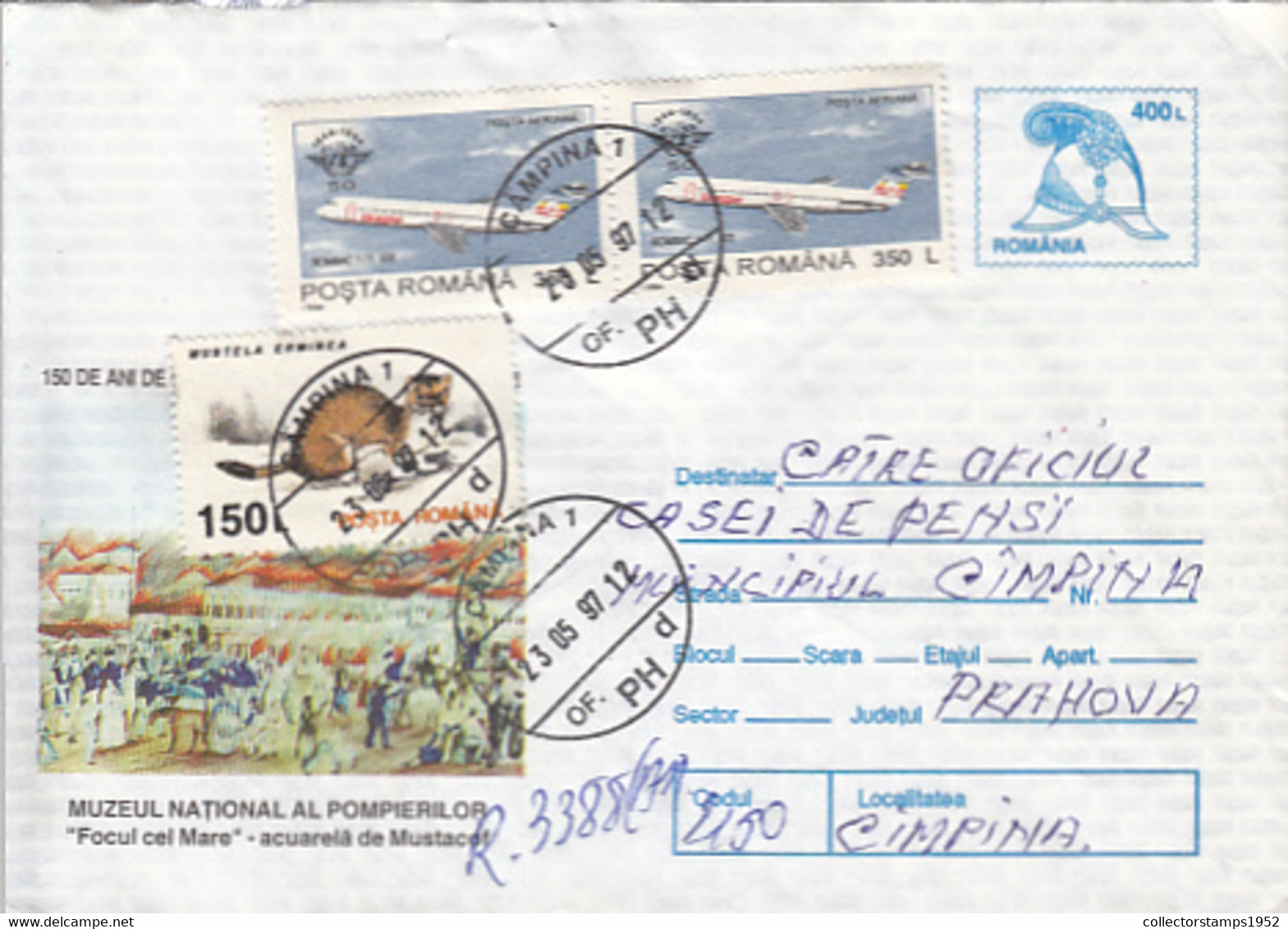 90363-BUCHAREST FIREFIGHTERS MUSEUM, FIREMEN, JOBS, REGISTERED COVER STATIONERY, FINE STAMPS, 1997, ROMANIA - Firemen