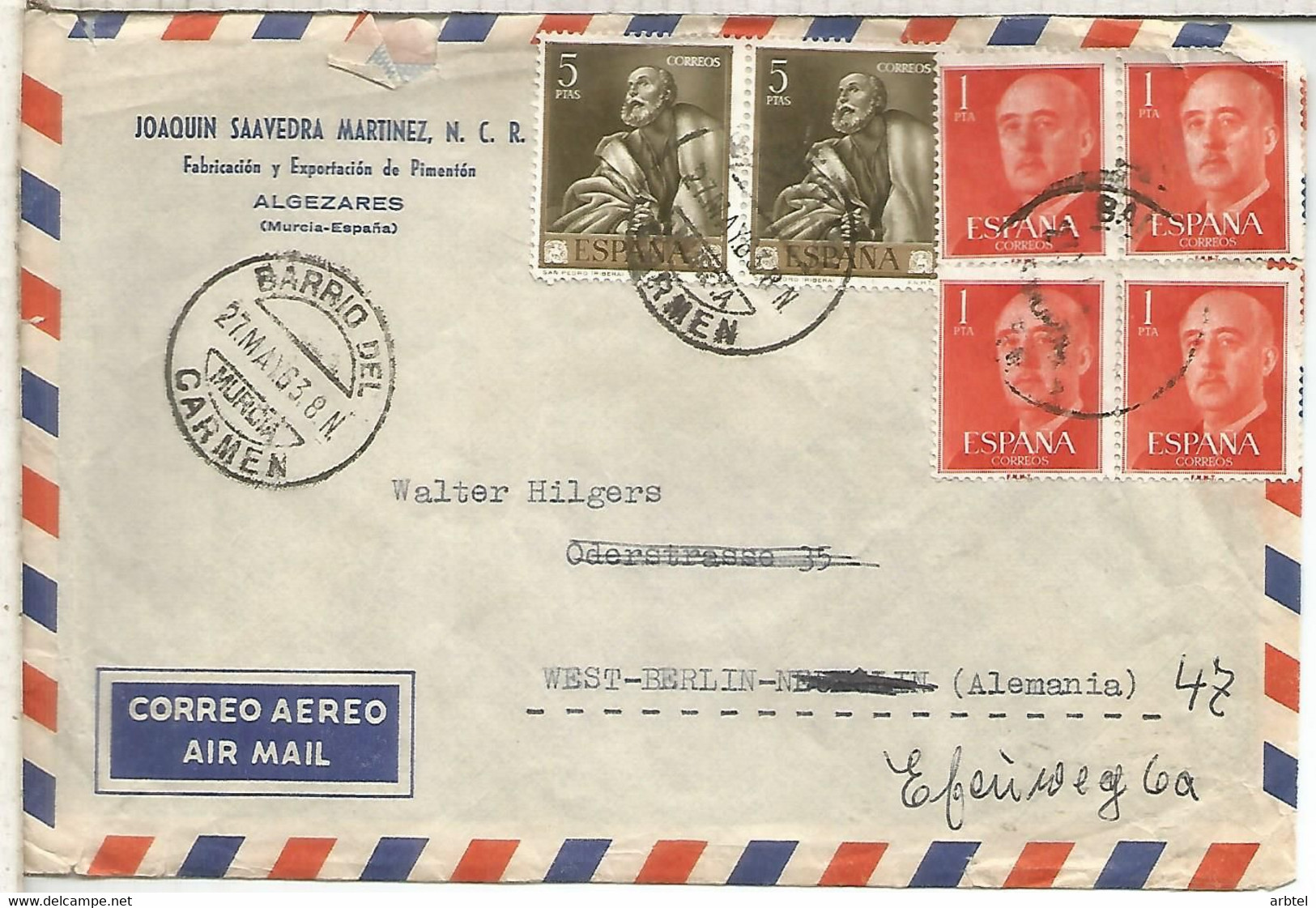 MURCIA CC A ALEMANIA CON MAT BARRIO DEL CARMEN 1963 ARTE RELIGION RIBERA - Lettres & Documents