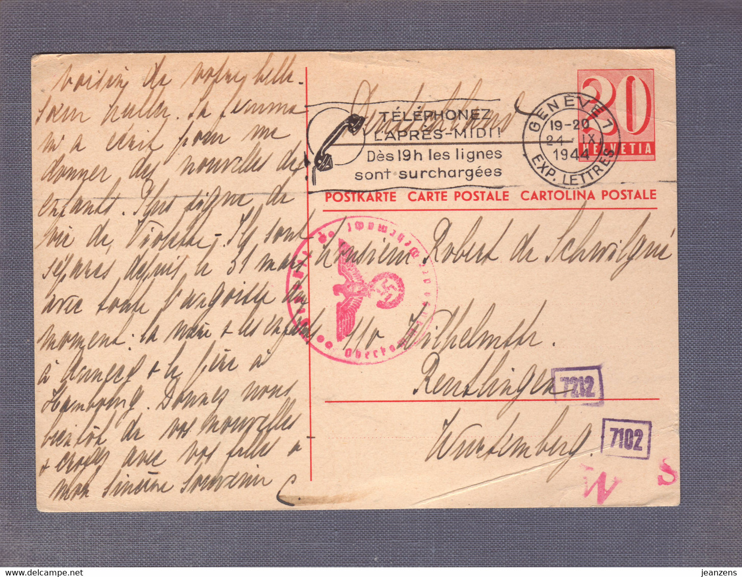 Entier Postal 20c ʘ Genève 24.09.1944 "Téléphonez L'après-midi"  -> Reutlingen - Zensur/Censored/Censure D München - Postwaardestukken