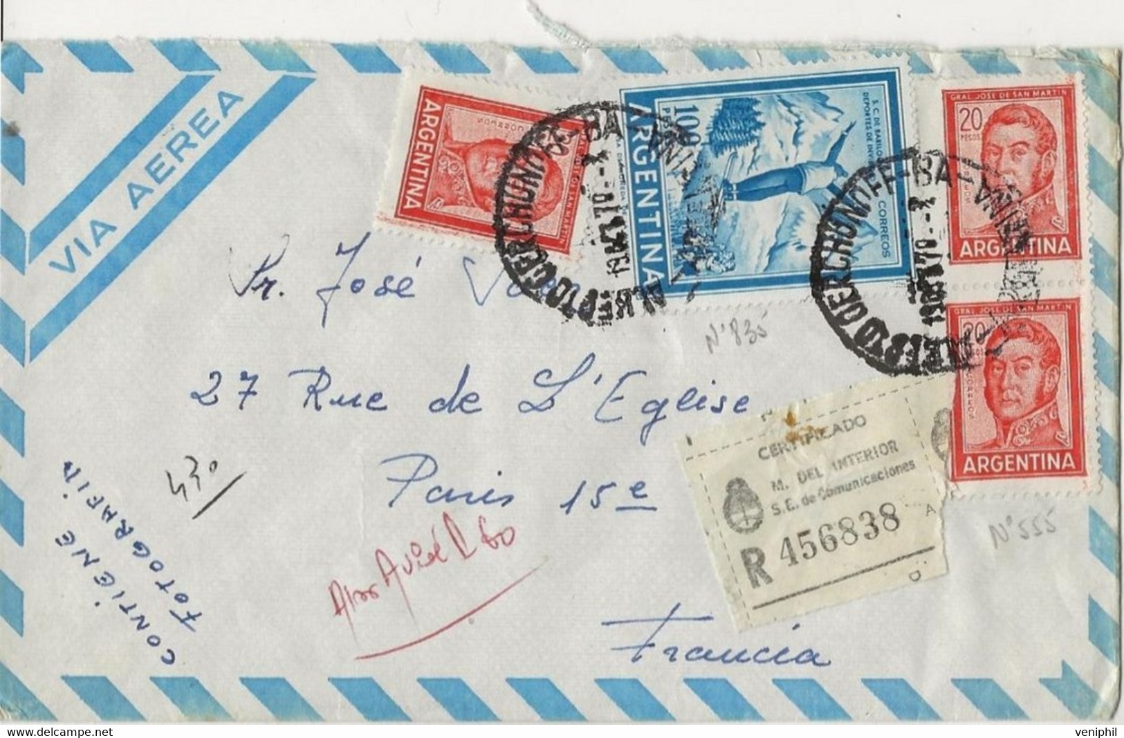 ARGENTINE - 3 LETTRES DONT 2 RECOMMANDEES ANNEE 1970 AFFRANCHIES N° 555ET 835 TB - Storia Postale