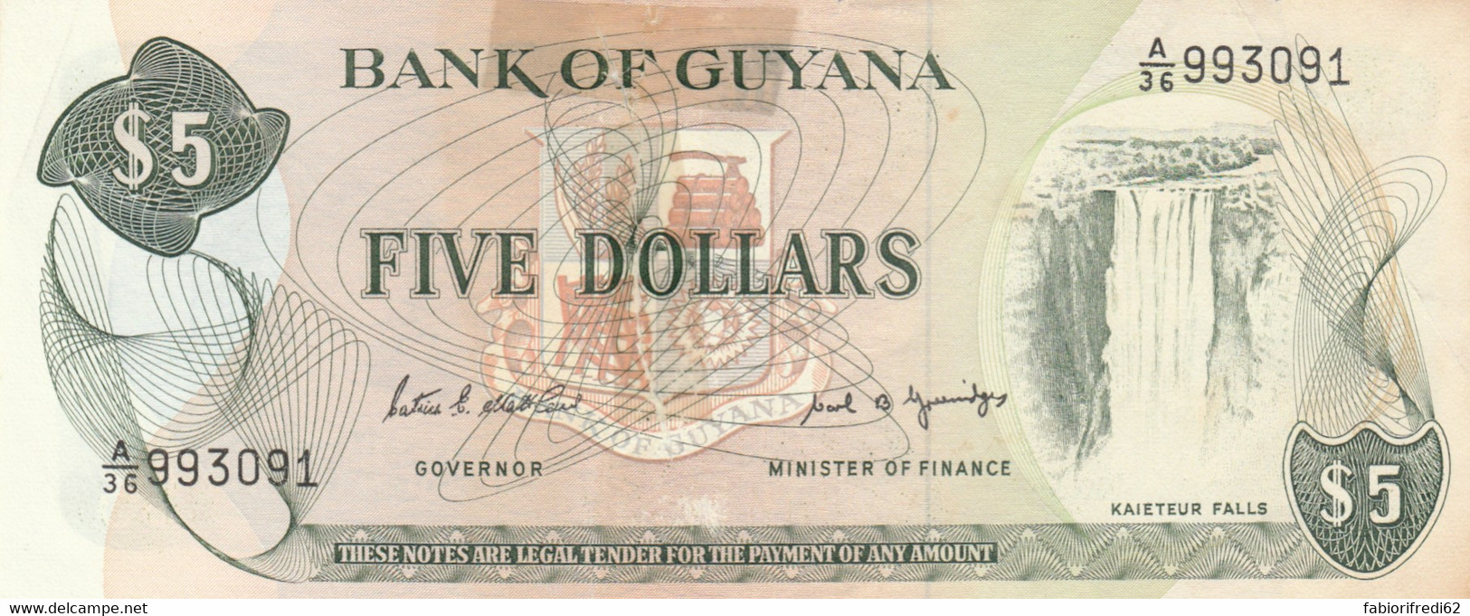 BANCONOTA 5 DOLLARI GUYANA -RIPARATA NASTRO F (KP716 - Guyana