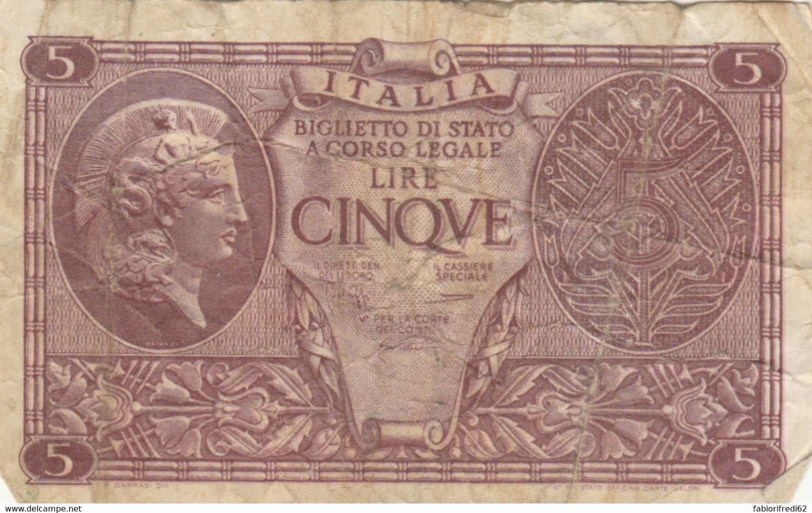 BIGLIETTO DI STATO LIRE 5  ITALIA F (KP792 - Italia – 5 Lire