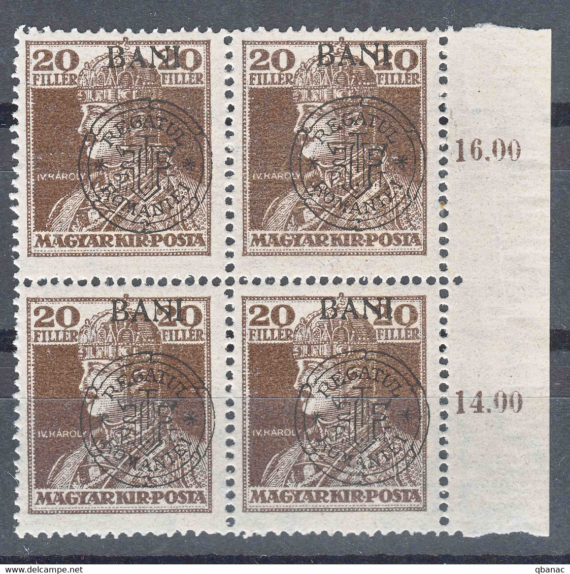 Romania Overprint On Hungary Stamps Occupation Transylvania 1919 Mi#47 I Mint Never Hinged Pc. Of Four - Transylvania