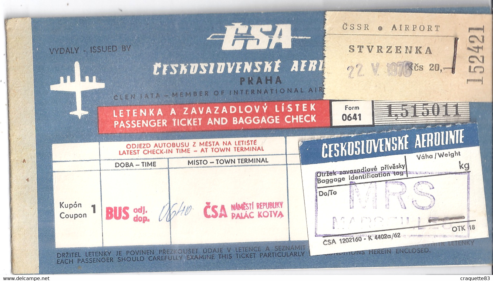 CESKOSLOVENSKE AEROLINE -1,515011. PRAHA MARSEILLE 1970 -CSA - Europe