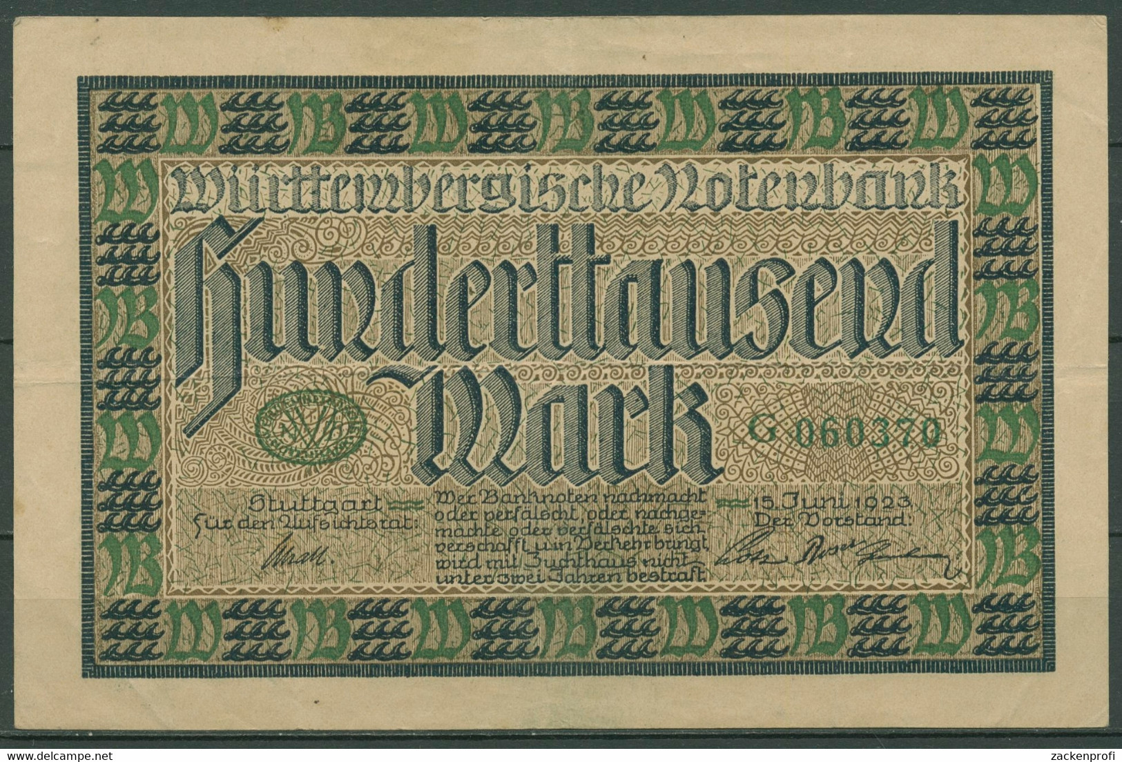 Württembergische Notenbank 100000 Mark 1923, Ro 776 Gebraucht (K240) - Andere & Zonder Classificatie