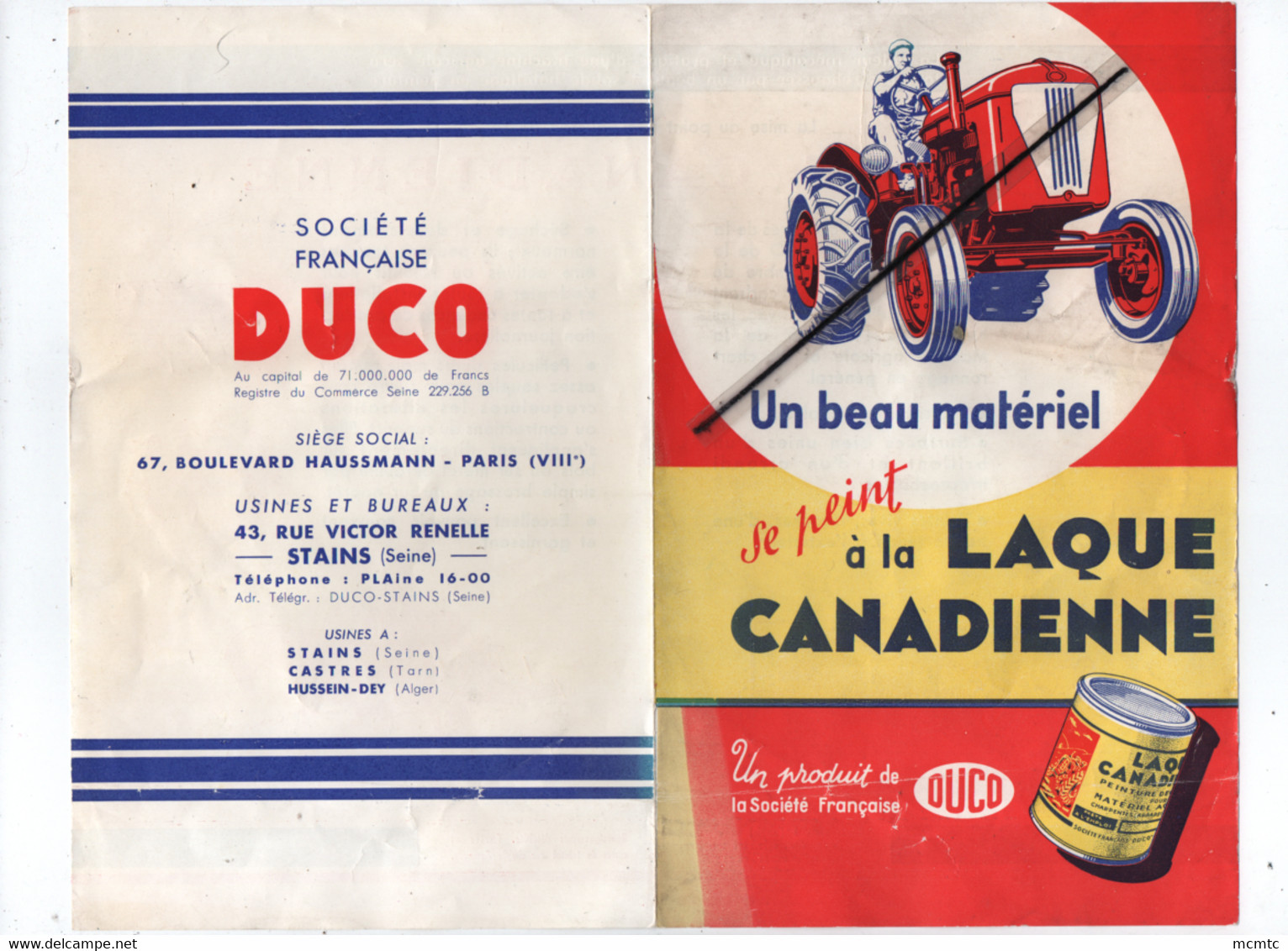 Dépliant - Tracteur , Peinture Laque Duco Canadienne  - Outillages , Machines Agricoles , Agricole - Autres & Non Classés