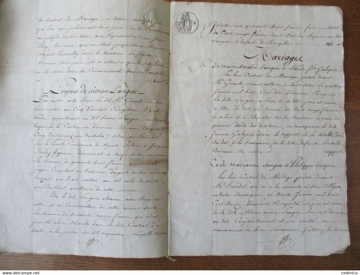 11 MARS 1815 SAINT SATUR LIQUIDATION DECES DE ROSALIE DORNEAU EPOUSE DE SIMON LANGOU,SCELLES INVENTAIRE,CONTRAT DE MARIA - Manuskripte