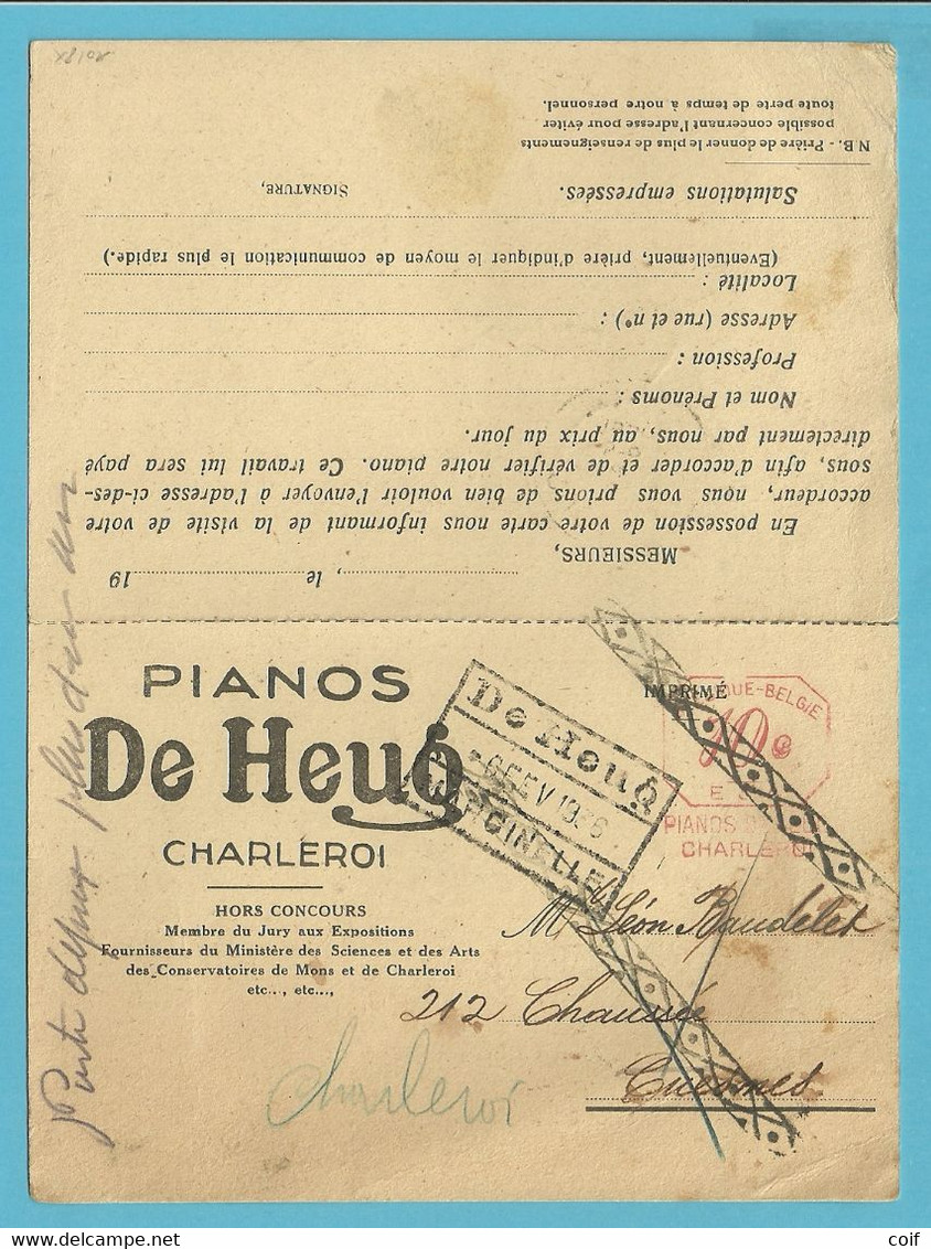 Kaart Met Roodfrankeering "PIANOS DE HEUG / CHARLEROI" / E314 , Stempel CUESMES + ROL-stempel - ...-1959