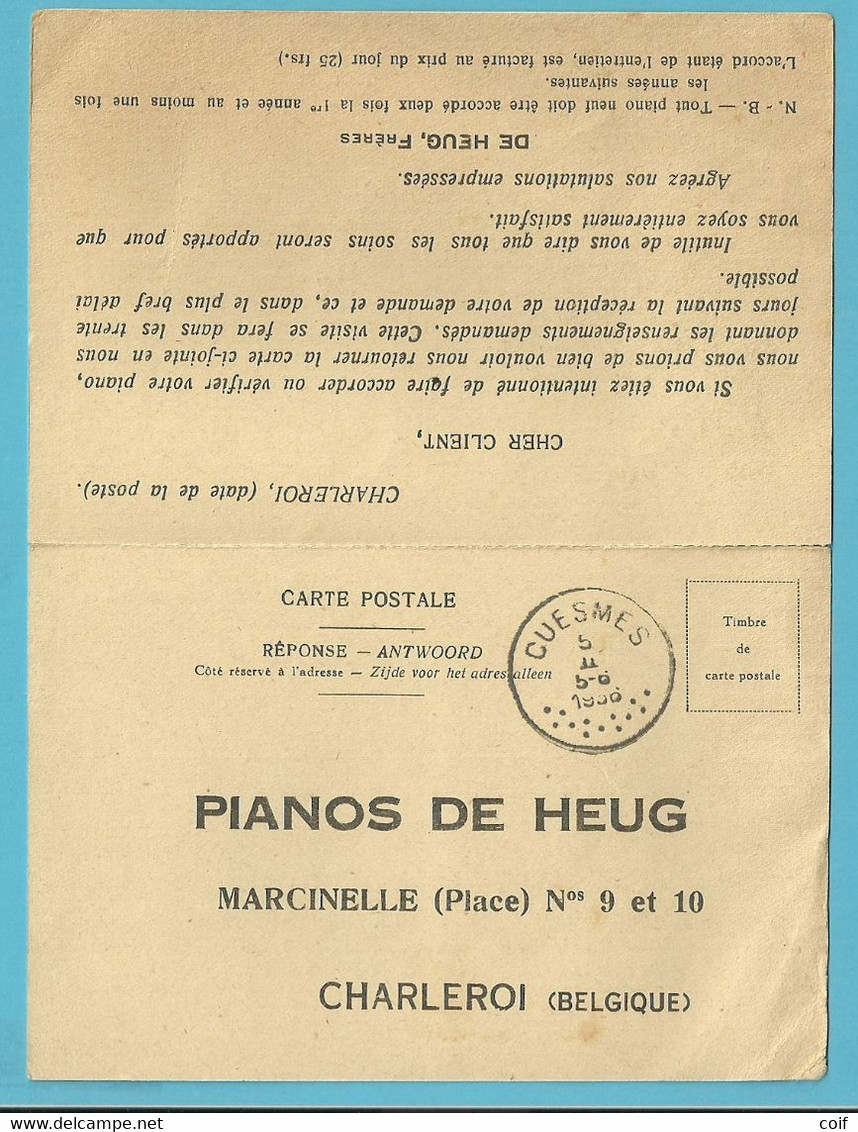 Kaart Met Roodfrankeering "PIANOS DE HEUG / CHARLEROI" / E314 , Stempel CUESMES + ROL-stempel - ...-1959