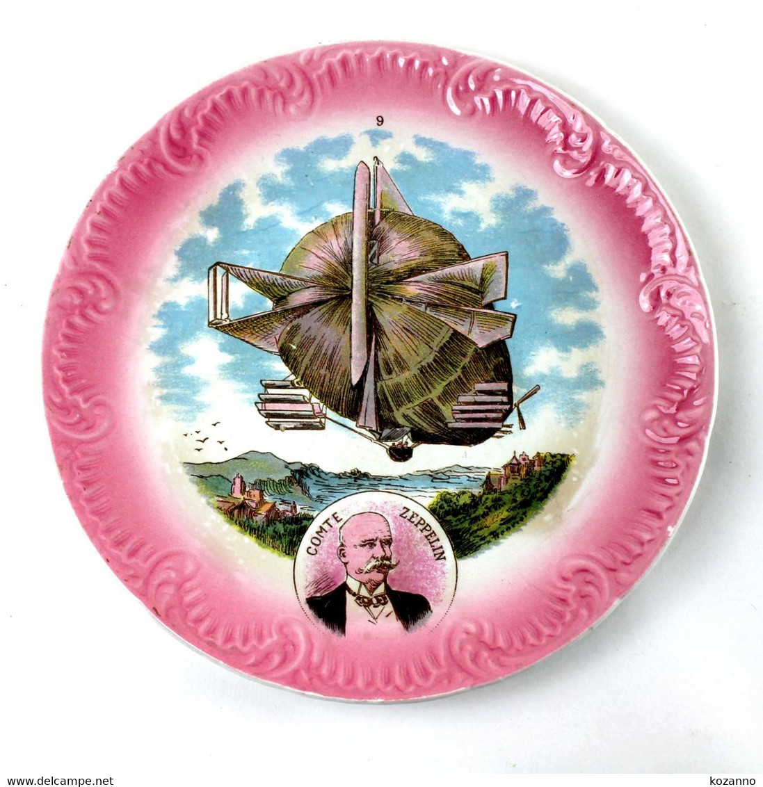 RARE MAGNIFIQUE ANCIENNE ASSIETTE DIGOIN & SARREGUEMINES MONTGOLFIERE SIGNÉ "HENRIOT" XIXe - N°9: COMTE ZEPPELIN - POLYC - Sarreguemines (FRA)