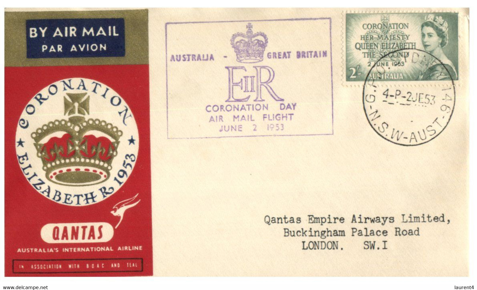 (O 17) Coronation Of Queen Elizabth II (Sydney 1953 Postmark) QANTAS (London Postmark At Back) - Altri & Non Classificati