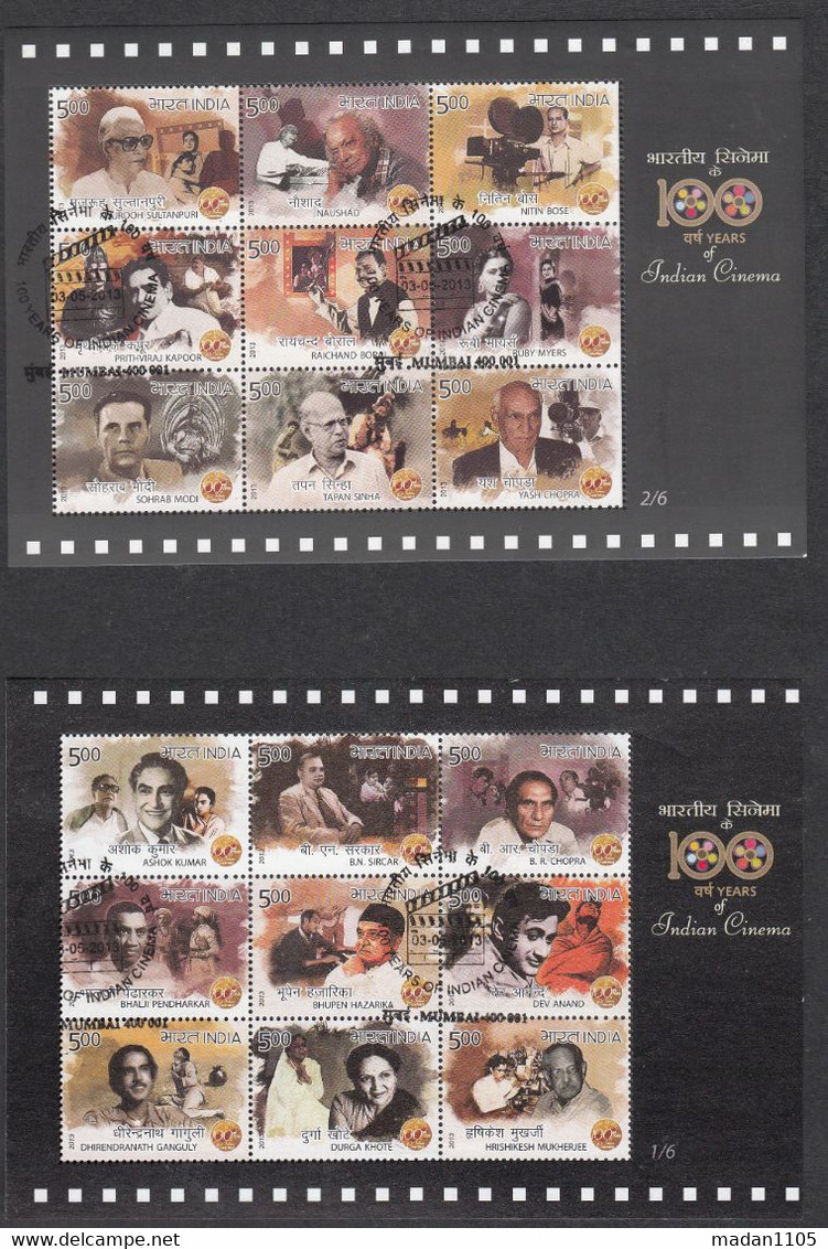 INDIA, 2013, FIRST DAY MUMBAI CANCELLED, 100 Years Of Indian Cinema, Complete Set Of 6 Souvenir Sheets, - Gebraucht