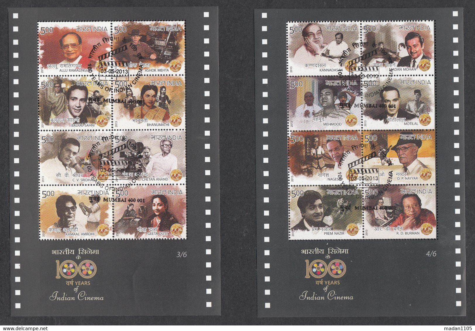 INDIA, 2013, FIRST DAY MUMBAI CANCELLED, 100 Years Of Indian Cinema, Complete Set Of 6 Souvenir Sheets, - Gebraucht