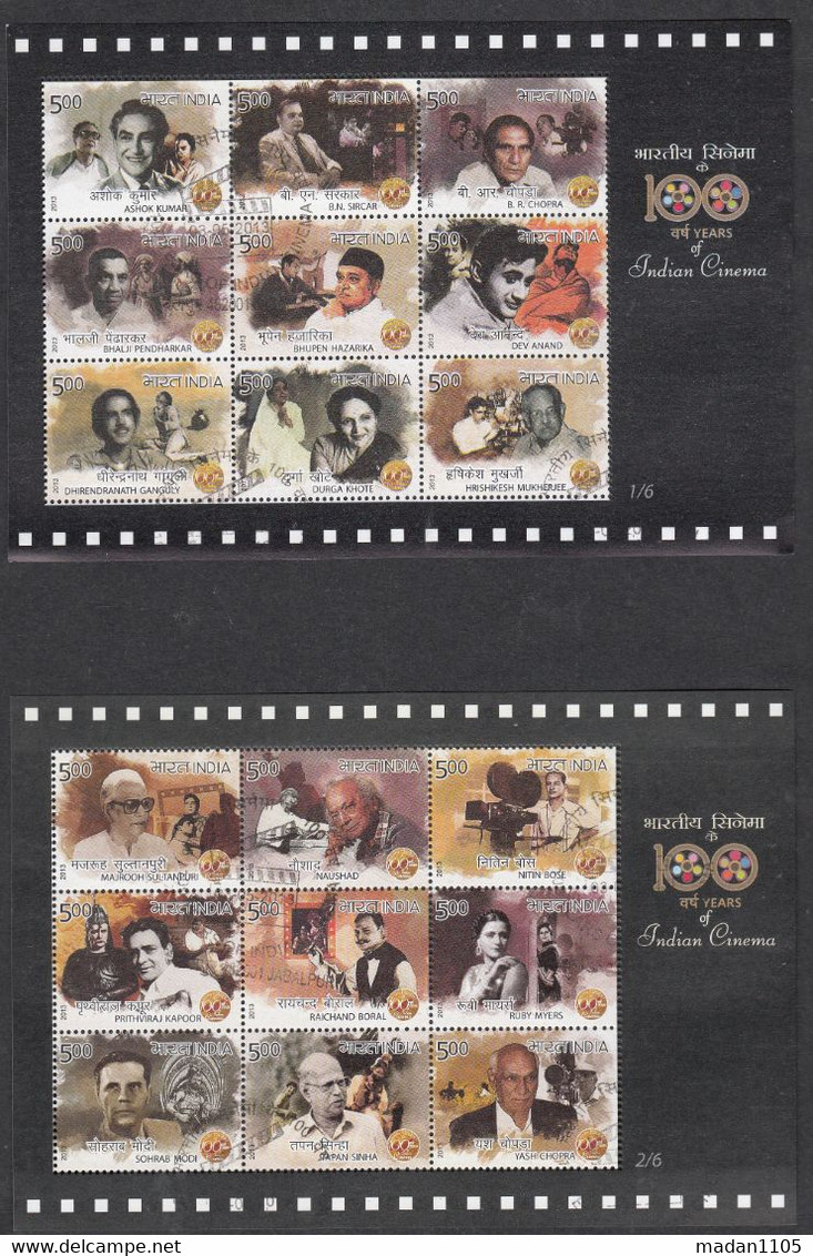 INDIA, 2013, FIRST DAY JABALPUR  CANCELLED, 100 Years Of Indian Cinema, Complete Set Of 6 Souvenir Sheets, - Oblitérés