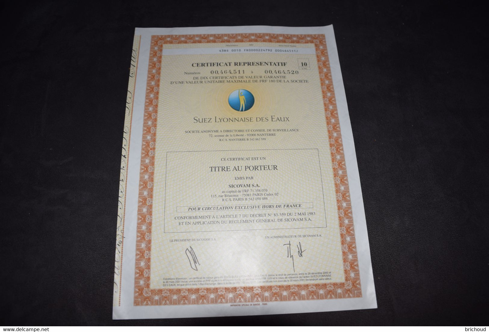 Suez Lyonnaise Des Eaux Certificat Représentatif 10 Titres 180 Frs Sicovam Nanterre France - Water