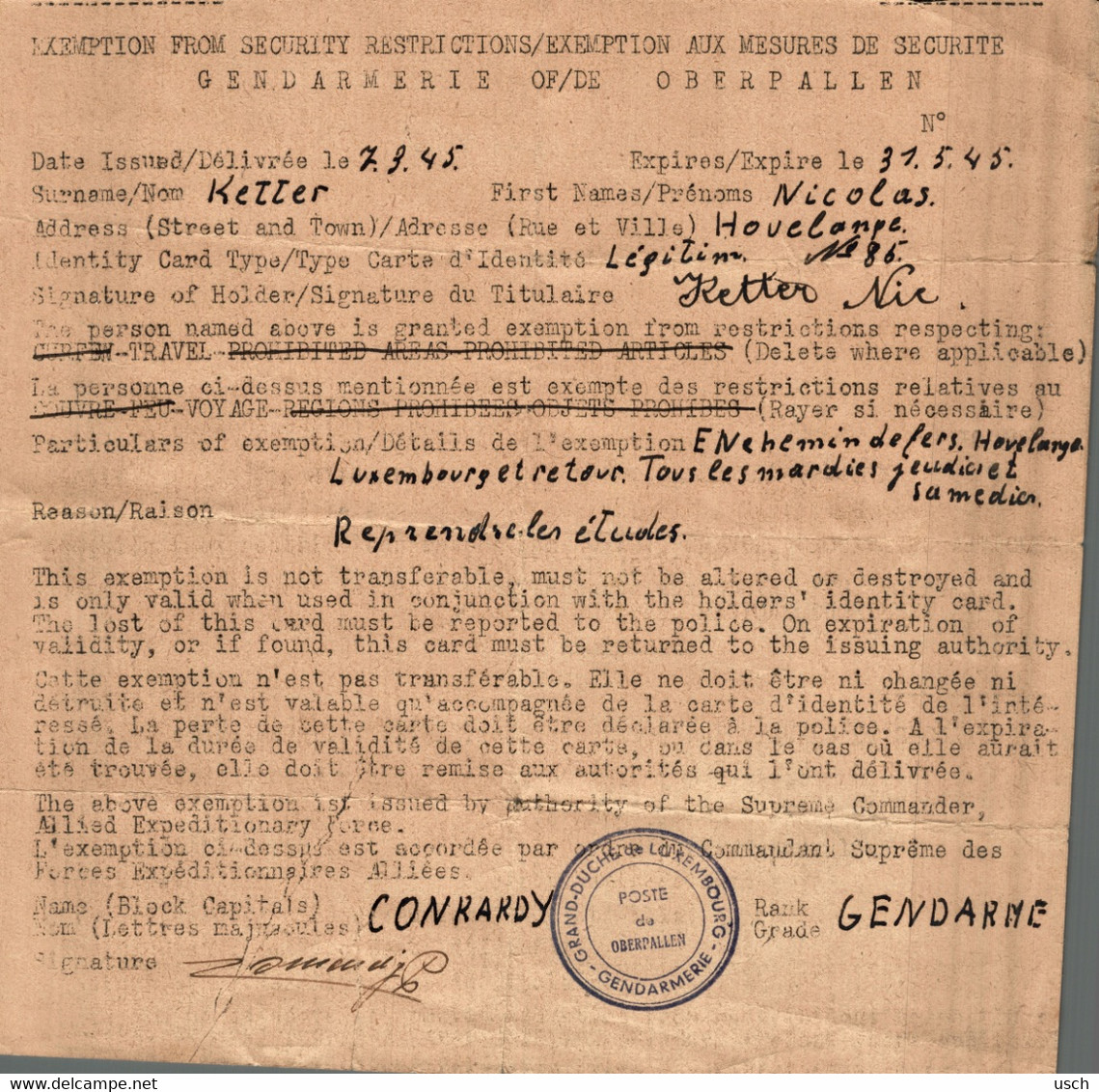 WW2 Rare LUXEMBOURG OBERPALLEN GENDARMERIE HOVELANGE, Exemption From Security Restrictions, 1945 - 1939-45