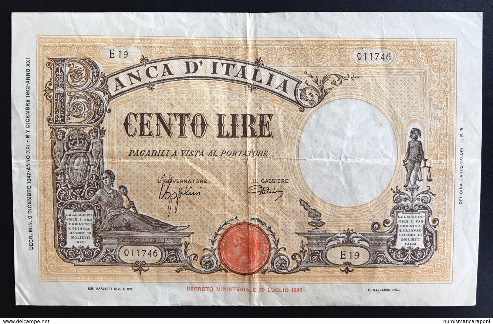 100 LIRE BARBETTI GRANDE B FASCIO 09 12 1942 BIGLIETTO CON CARTA FRESCA E BEI COLORI Bel Bb+ LOTTO 1603 - 50 Liras