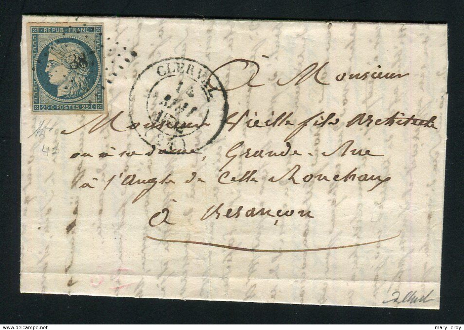 Belle Lettre De Clerval Pour Besançon ( Doubs 1852 ) Avec Un N° 4 - Cachet PC 387 - 1849-1850 Cérès