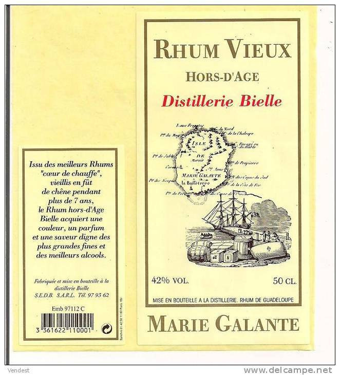 Etiquette  Distillerie Bielle : Rhum  Vieux Hors D'âge 42% 50 Cl - Marie Galante - GUADELOUPE - - Rhum