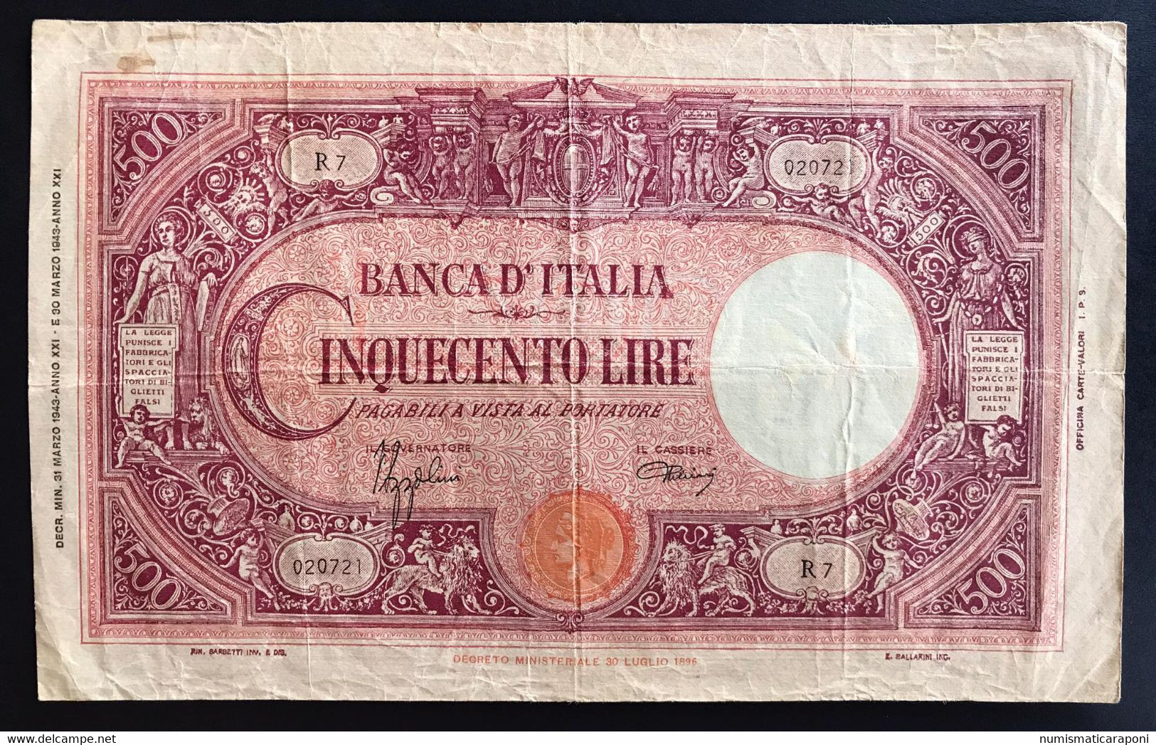 500 LIRE Grande C Fascio 31 03 1943 Bel Biglietto Naturale Q.bb  R2 RR LOTTO 2296 - 500 Lire