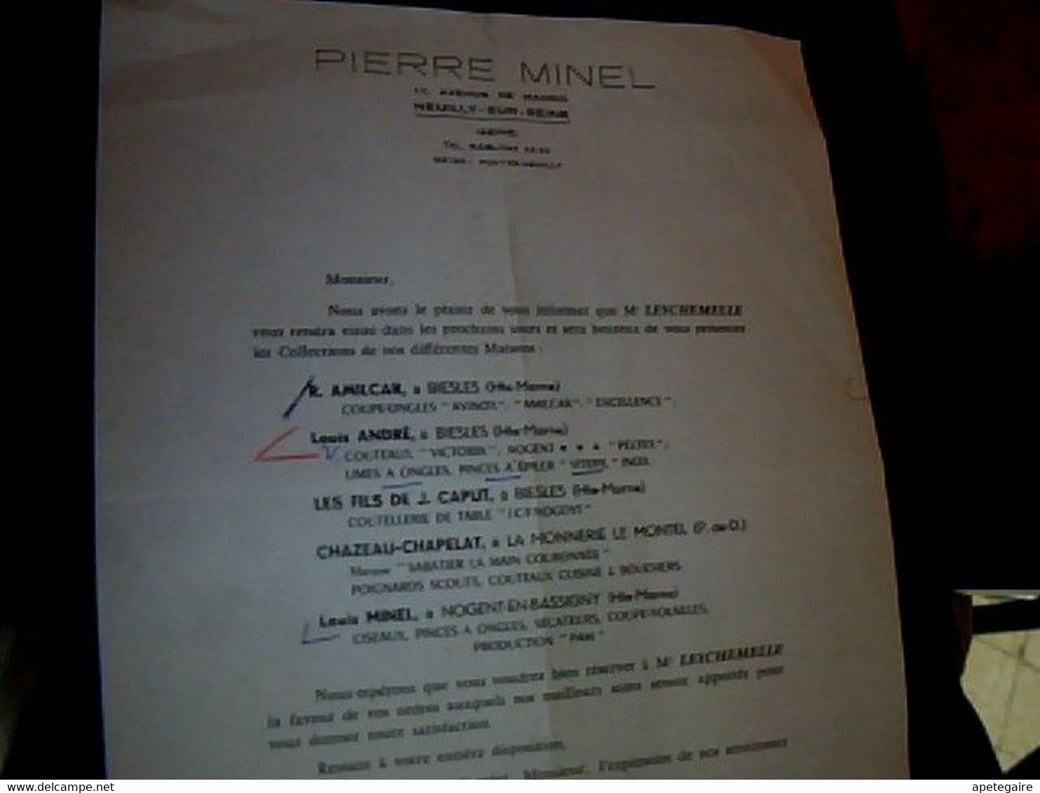 Facture Ets  Pierre Minel à Neully Sur Seine Représentant Coutelleries Passage De Mr Leschemelle 19? - Sonstige & Ohne Zuordnung